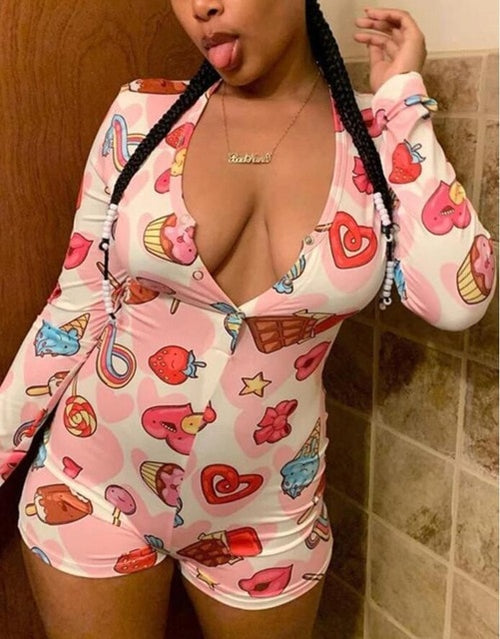 OMSJ Women Cartoon Printed Long Sleeve Plunge V-neck Sleep Bodycon Romper Slim Fit Stretch Sexy Summer Slim Fit Sheath Playsuits