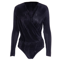InstaHot Sexy Long Sleeve V Neck Bodysuit for Women 2019 Summer New Fashion Green Textured Shirts Button Tops Elegant Playsuits