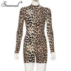 Simenual Fitness Leopard Fashion Rompers Womens Jumpsuits Long Sleeve Sports Wear Workout Autumn Biker Shorts Playsuits Skinny