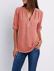 Summer Women Cool Loose Shirt Deep V Neck Chiffon Blouse Casual Ladies Tops Sexy Zipper Pullover Plus Size Long Sleeve Fashion