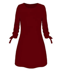Women Fashion O-neck Solid Bow Elegant Straight Dress Spring Loose Mini Dresses 3/4 Sleeve Bow comfortable Plus Size