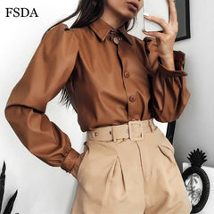FSDA Long Puff Sleeve Turn Down Collar Women Shirt Button Faux Leather Elegant Fashion Autumn Winter Casual Brown Blouse Tops