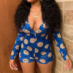 OMSJ Women Cartoon Printed Long Sleeve Plunge V-neck Sleep Bodycon Romper Slim Fit Stretch Sexy Summer Slim Fit Sheath Playsuits