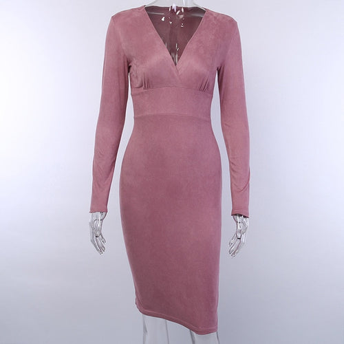 Cryptographic Velvet Sexy V-Neck Winter Dresses Women Midi Dresses Fashion Christmas Wrap Long Sleeve Bodycon Dress Solid