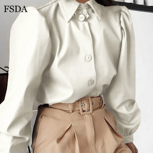 FSDA Long Puff Sleeve Turn Down Collar Women Shirt Button Faux Leather Elegant Fashion Autumn Winter Casual Brown Blouse Tops