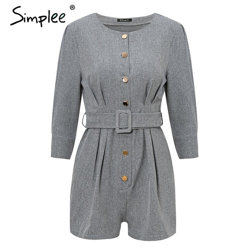 Simplee Buttons blazer female playsuit women Sash solid office ladies jumpsuit romper Female short retro autumn work overalls